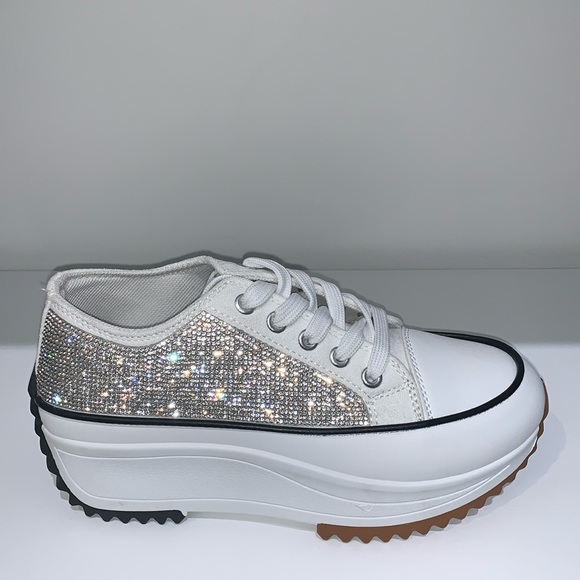 SILVER RHINESTONE LOW TOP SNEAKERS - Picture 1 of 11
